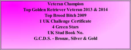 Veteran Champion
Top Golden Retriever Veteran 2013 & 2014
Top Brood Bitch 2009
1 UK Challenge Certificate
4 Green Stars
UK Stud Book No.
G.C.D.S. - Bronze, Silver & Gold
